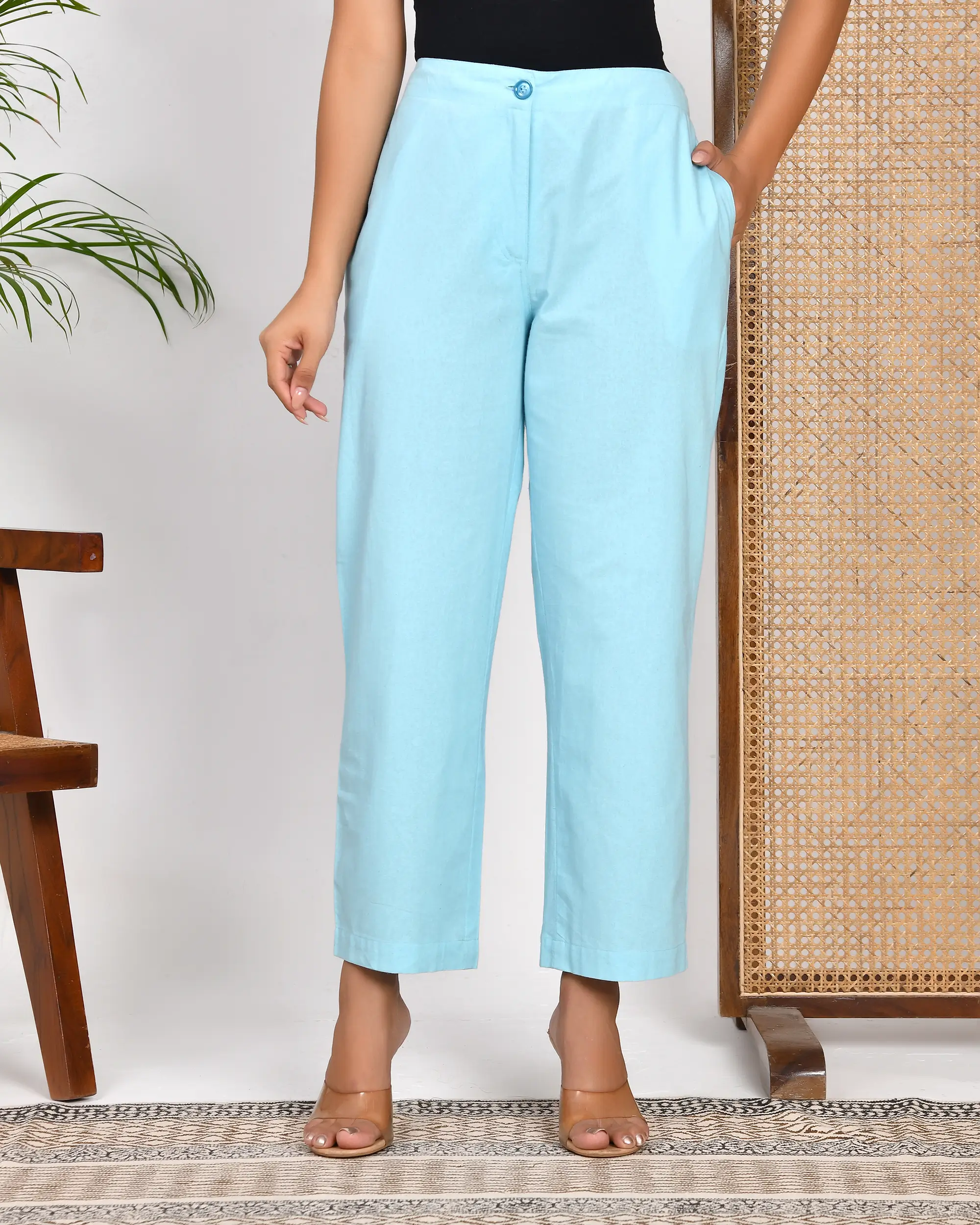 Sky Blue Solid Straight Pants - Image 3