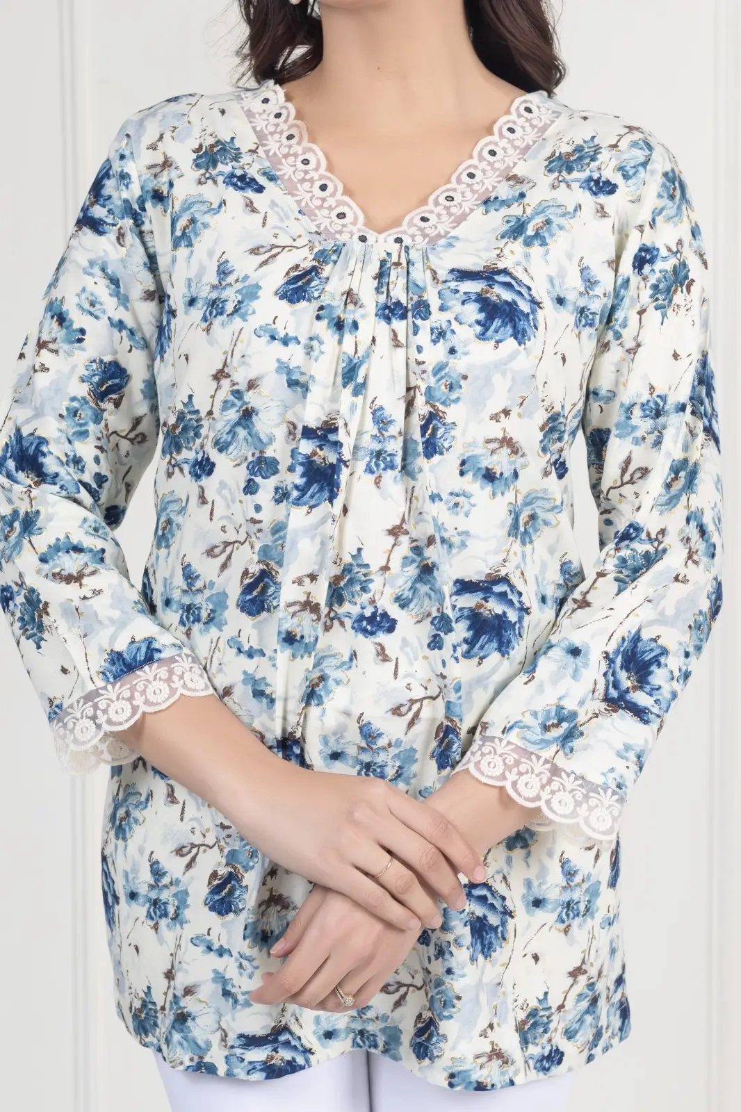 White Floral Short Kurti - Image 3