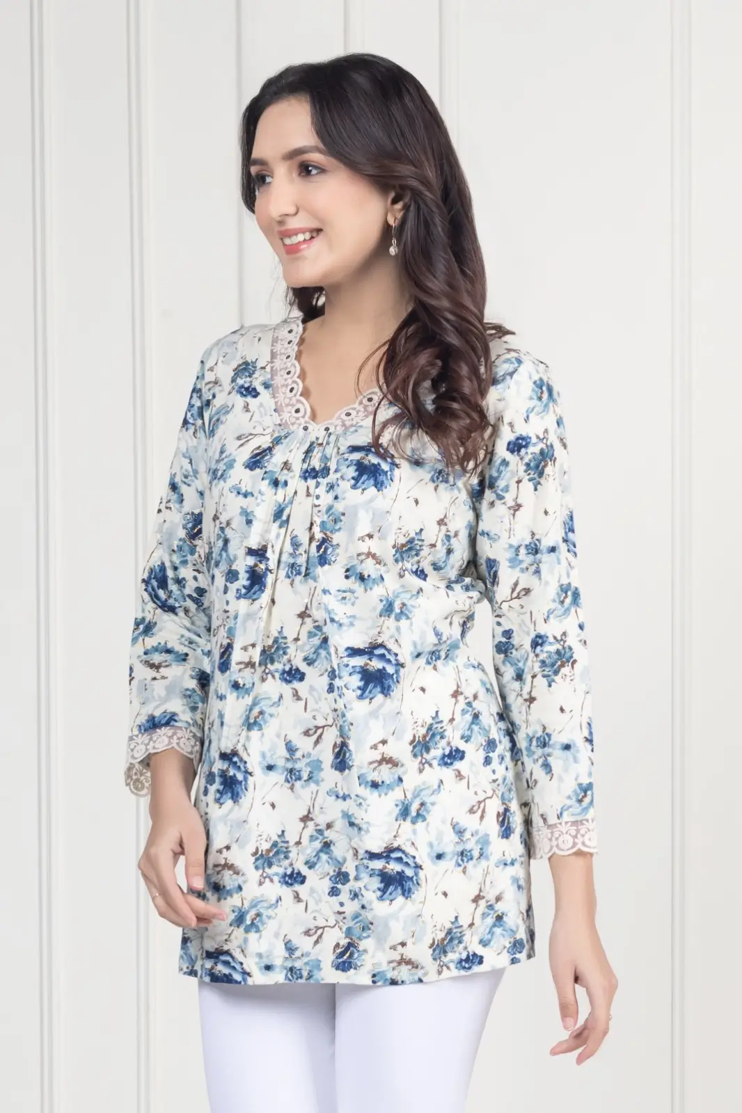 White Floral Short Kurti - Image 7