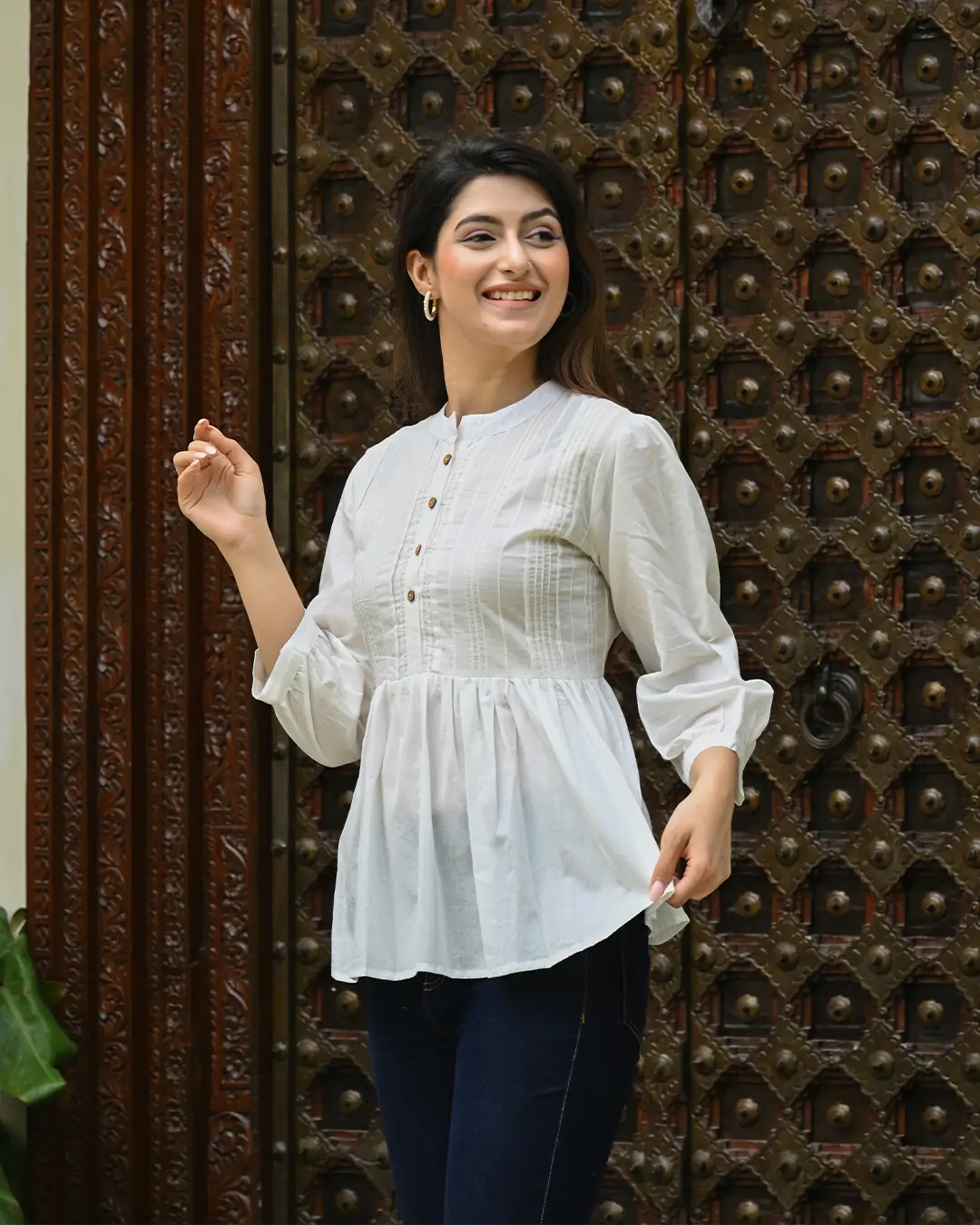White Solid Pintucks Top - Image 7