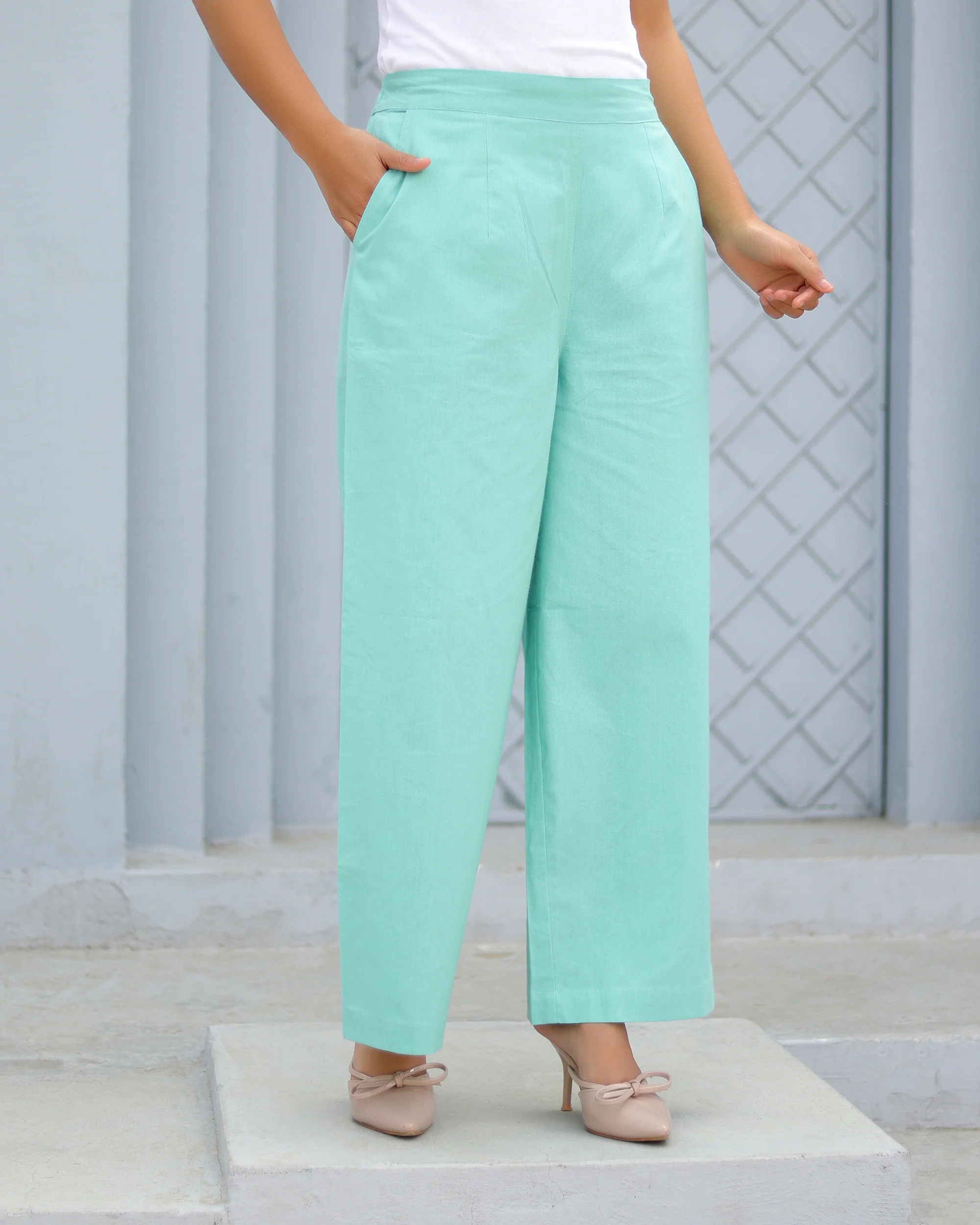 Turquoise Airy Linen Wide leg Pants - Image 9