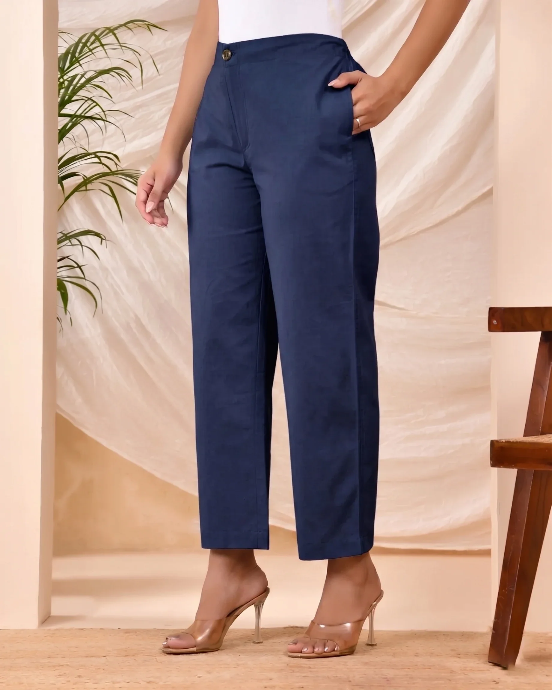 Navy Blue Solid Straight Pants - Image 7